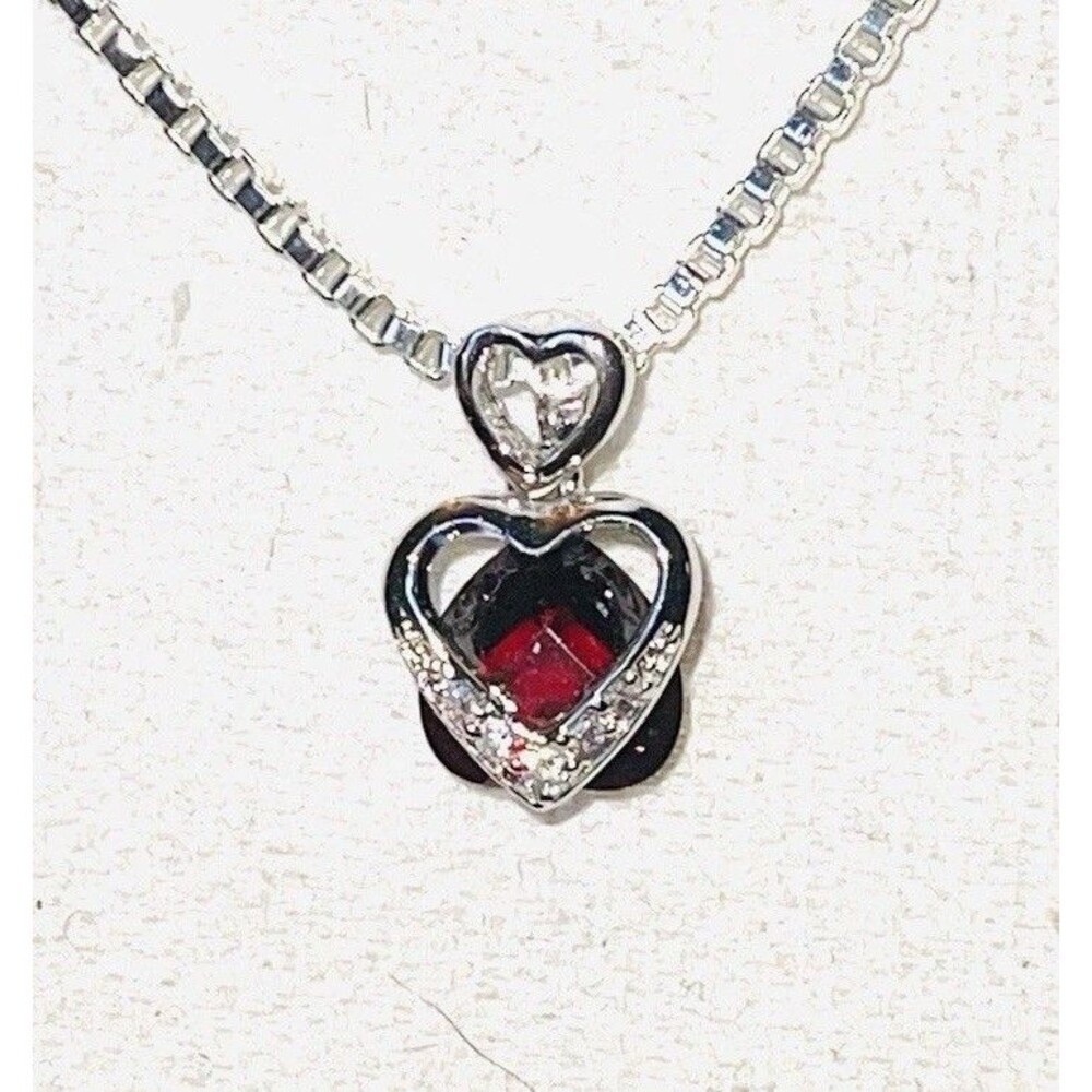 Sterling Silver 925 Necklace 18”, Red Stone Heart Surrounded By Double Hearts